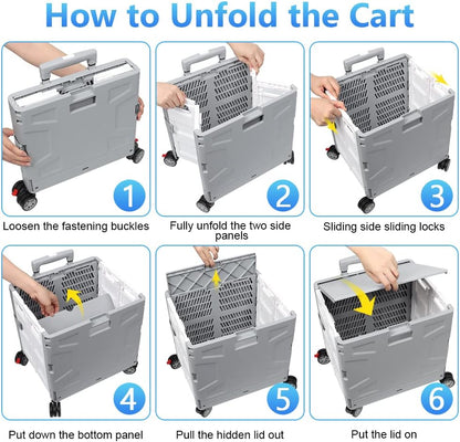 Foldable Utility Cart Folding Portable Rolling Crate Handcart Shopping Trolley Wheel Box with Lid Wear-Resistant Noiseless 360°Rotate Wheel for Travel Shopping Moving Storage Office Use (Yellow)