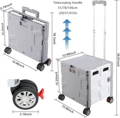 Foldable Utility Cart Folding Portable Rolling Crate Handcart Shopping Trolley Wheel Box with Lid Wear-Resistant Noiseless 360°Rotate Wheel for Travel Shopping Moving Storage Office Use (Yellow)
