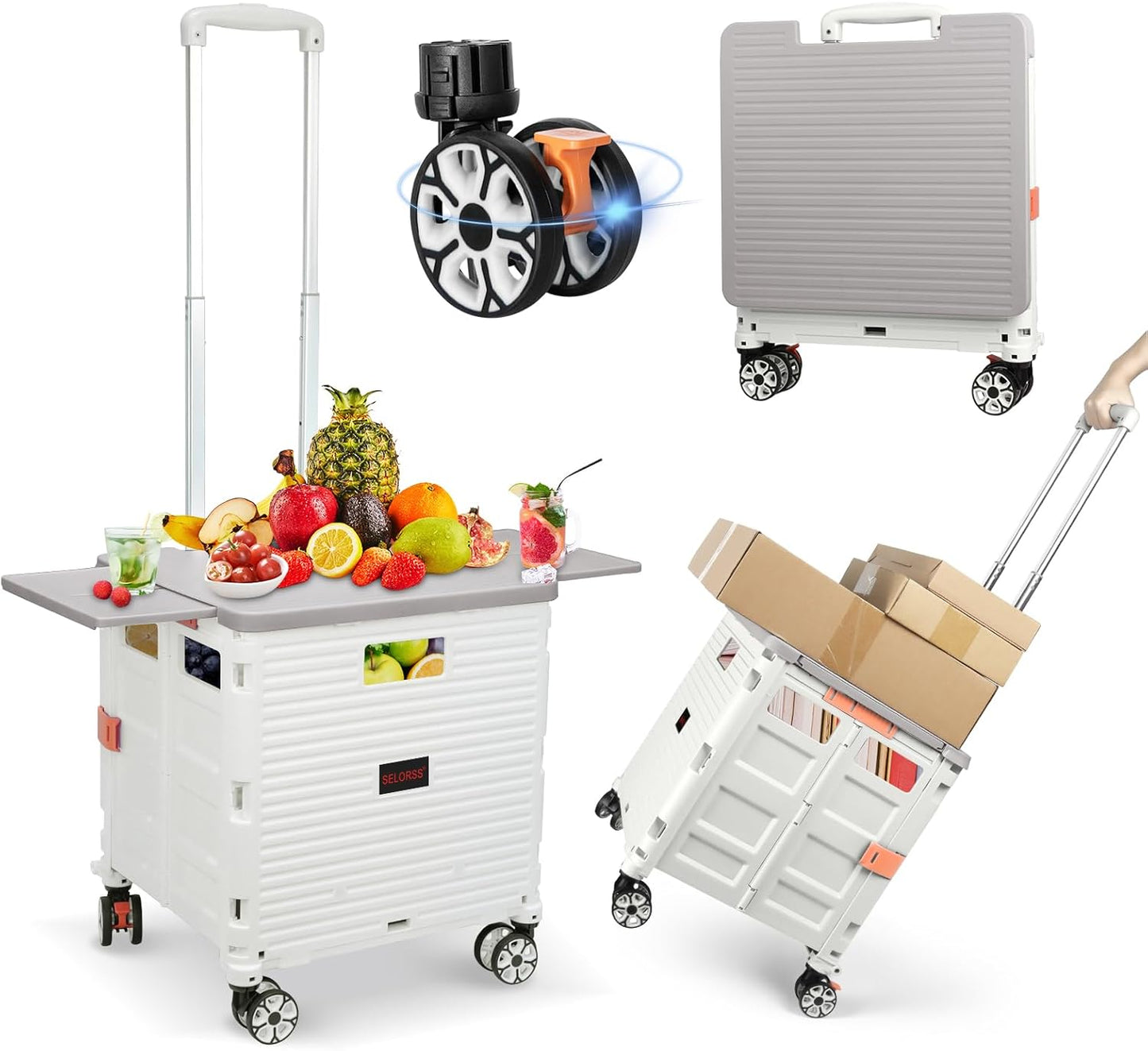 Foldable Utility Cart Folding Portable Rolling Crate Handcart Shopping Trolley Wheel Box with Lid Wear-Resistant Noiseless 360°Rotate Wheel for Travel Shopping Moving Storage Office Use (Yellow)