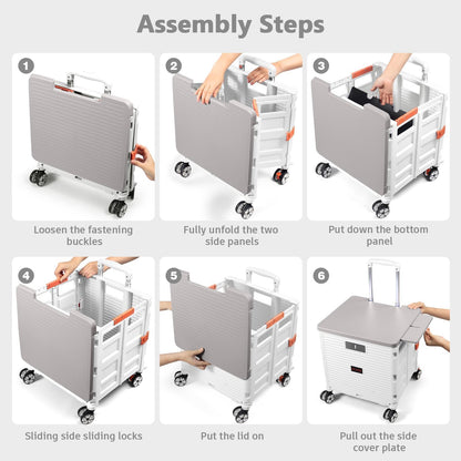 Foldable Utility Cart Folding Portable Rolling Crate Handcart Shopping Trolley Wheel Box with Lid Wear-Resistant Noiseless 360°Rotate Wheel for Travel Shopping Moving Storage Office Use (Yellow)