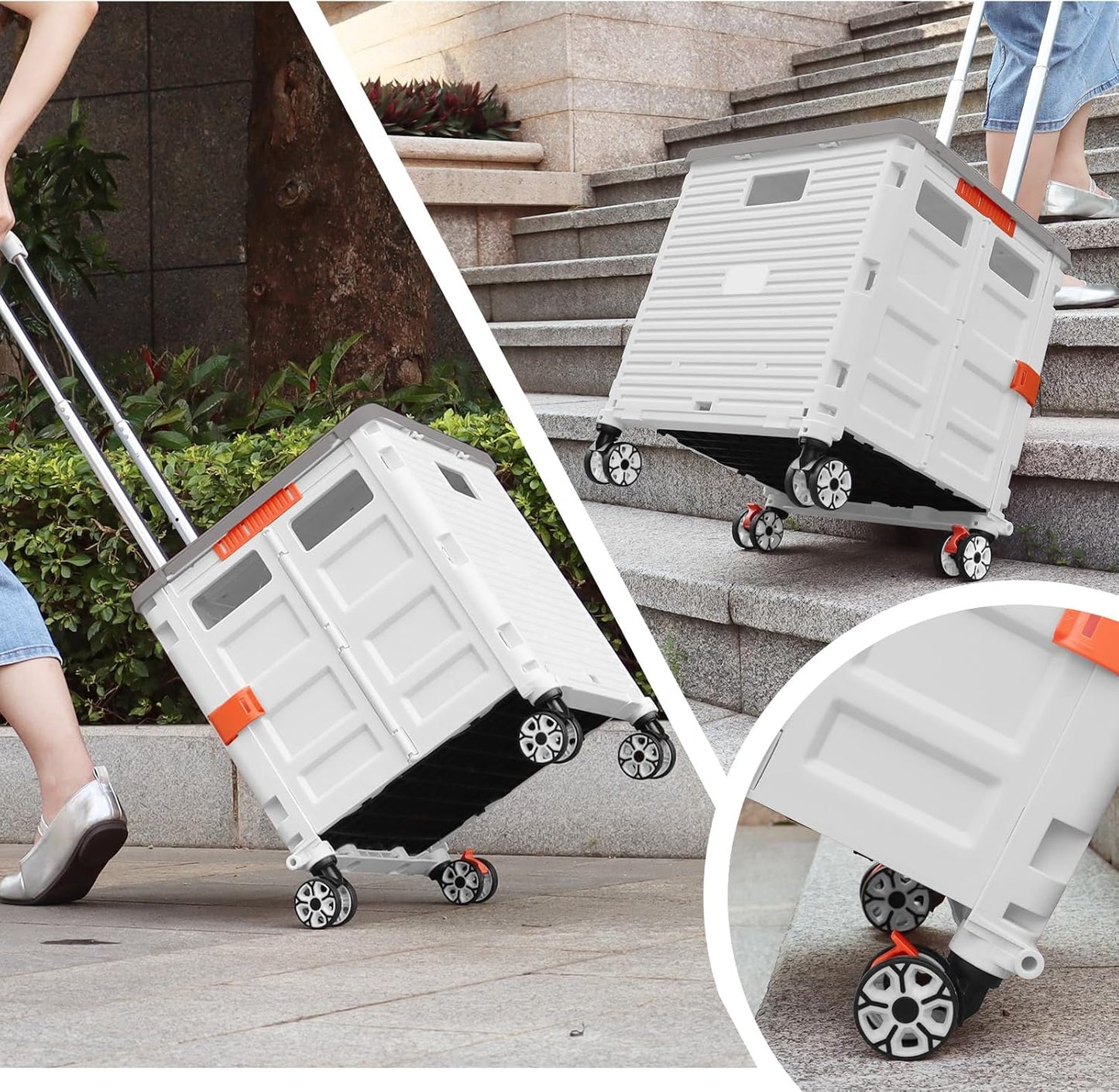 Foldable Utility Cart Folding Portable Rolling Crate Handcart Shopping Trolley Wheel Box with Lid Wear-Resistant Noiseless 360°Rotate Wheel for Travel Shopping Moving Storage Office Use (Yellow)