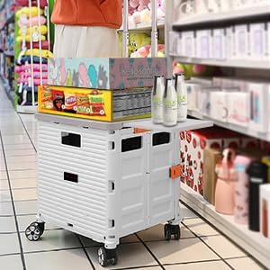 Foldable Utility Cart Folding Portable Rolling Crate Handcart Shopping Trolley Wheel Box with Lid Wear-Resistant Noiseless 360°Rotate Wheel for Travel Shopping Moving Storage Office Use (Yellow)