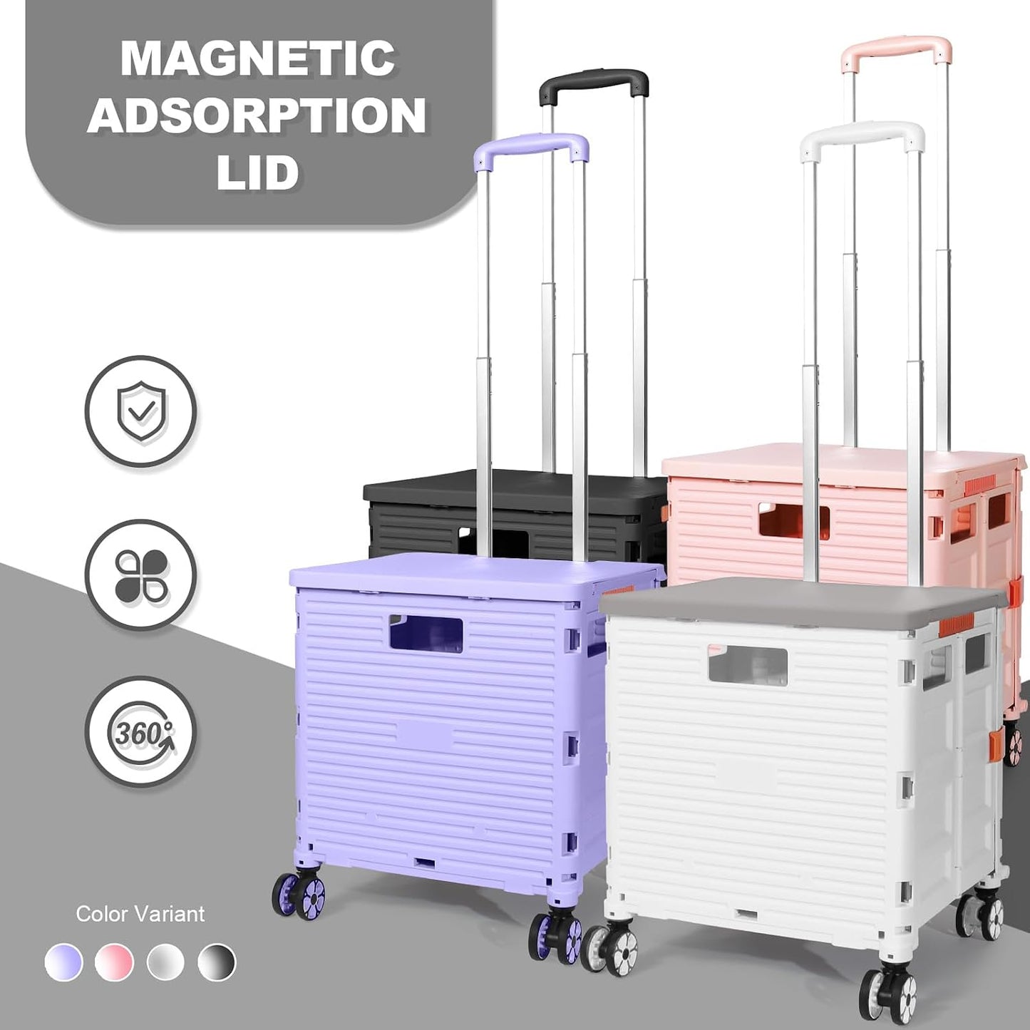 Foldable Utility Cart Folding Portable Rolling Crate Handcart Shopping Trolley Wheel Box with Lid Wear-Resistant Noiseless 360°Rotate Wheel for Travel Shopping Moving Storage Office Use (Yellow)