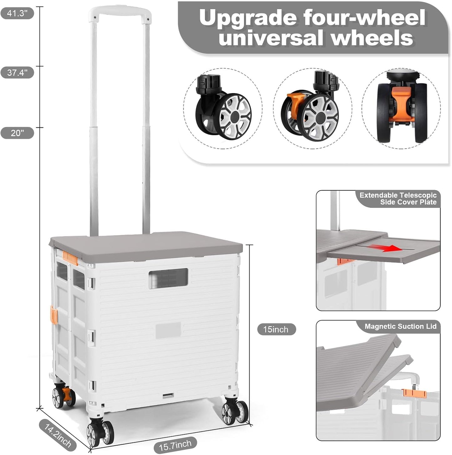 Foldable Utility Cart Folding Portable Rolling Crate Handcart Shopping Trolley Wheel Box with Lid Wear-Resistant Noiseless 360°Rotate Wheel for Travel Shopping Moving Storage Office Use (Yellow)