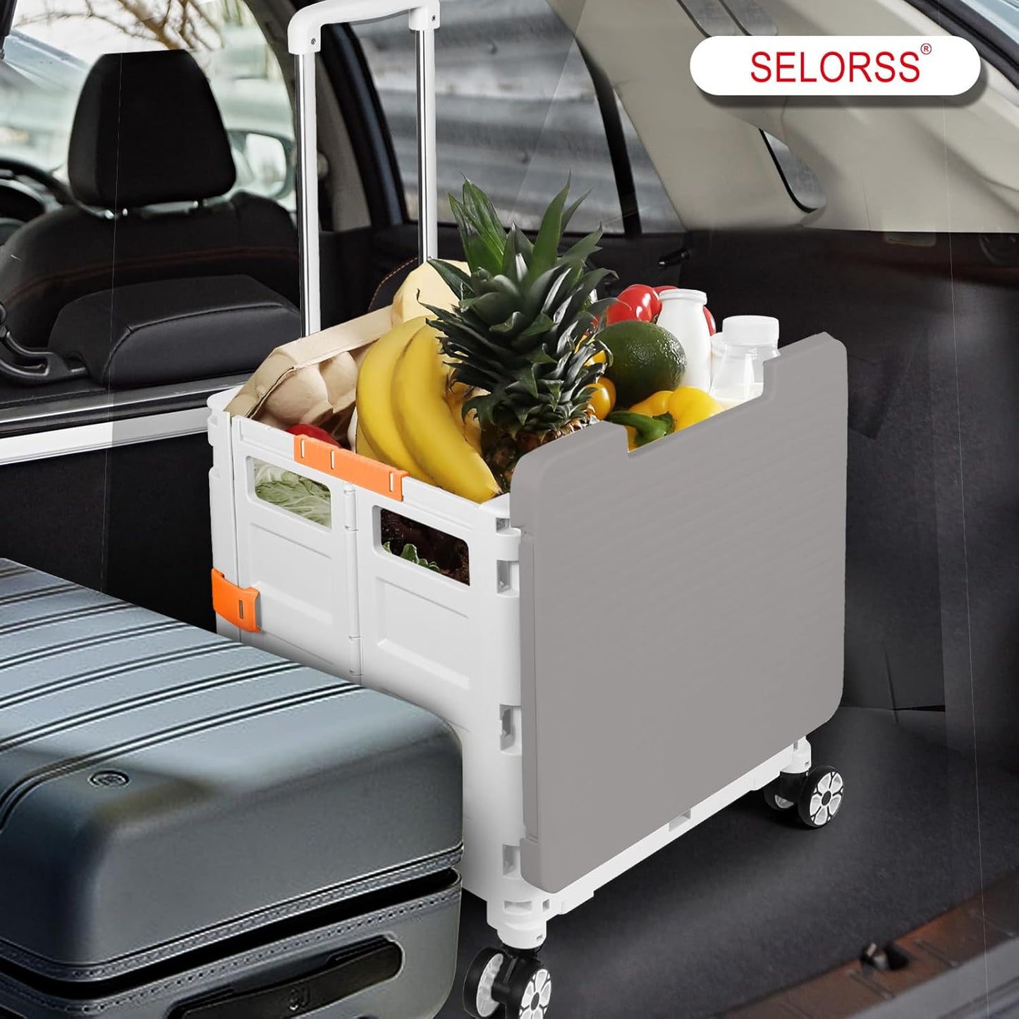 Foldable Utility Cart Folding Portable Rolling Crate Handcart Shopping Trolley Wheel Box with Lid Wear-Resistant Noiseless 360°Rotate Wheel for Travel Shopping Moving Storage Office Use (Yellow)