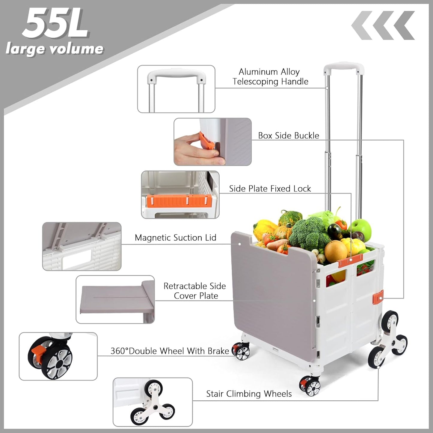Foldable Utility Cart Folding Portable Rolling Crate Handcart Shopping Trolley Wheel Box with Lid Wear-Resistant Noiseless 360°Rotate Wheel for Travel Shopping Moving Storage Office Use (Yellow)