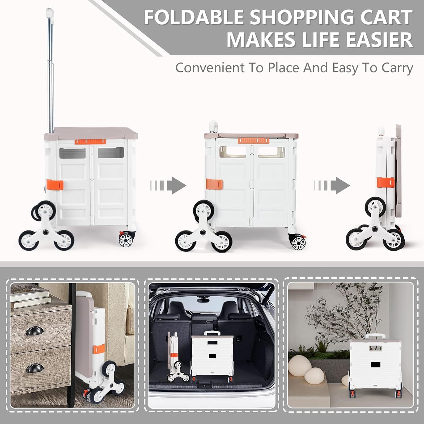 Foldable Utility Cart Folding Portable Rolling Crate Handcart Shopping Trolley Wheel Box with Lid Wear-Resistant Noiseless 360°Rotate Wheel for Travel Shopping Moving Storage Office Use (Yellow)