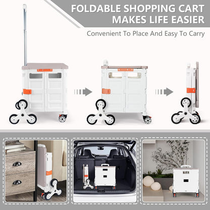 Foldable Utility Cart Folding Portable Rolling Crate Handcart Shopping Trolley Wheel Box with Lid Wear-Resistant Noiseless 360°Rotate Wheel for Travel Shopping Moving Storage Office Use (Yellow)