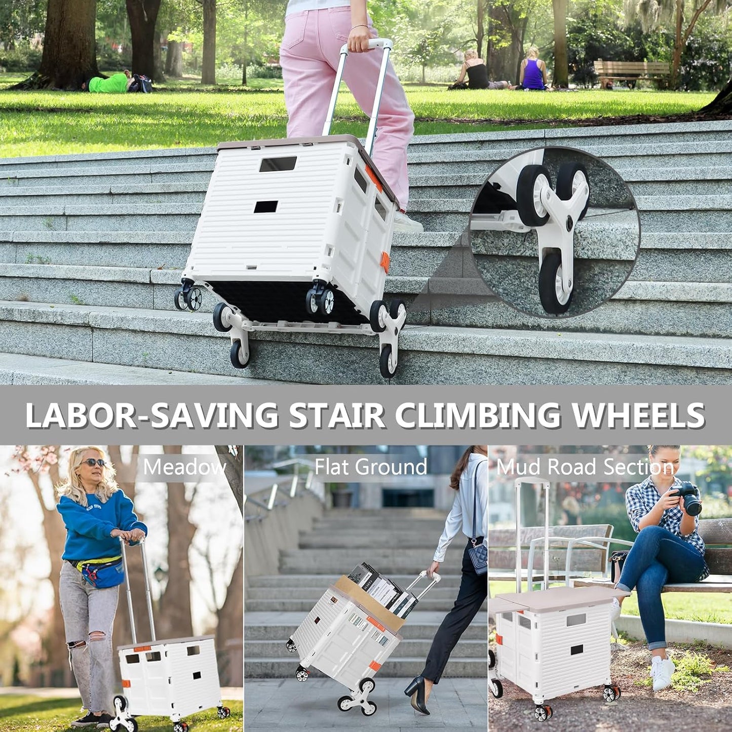 Foldable Utility Cart Folding Portable Rolling Crate Handcart Shopping Trolley Wheel Box with Lid Wear-Resistant Noiseless 360°Rotate Wheel for Travel Shopping Moving Storage Office Use (Yellow)
