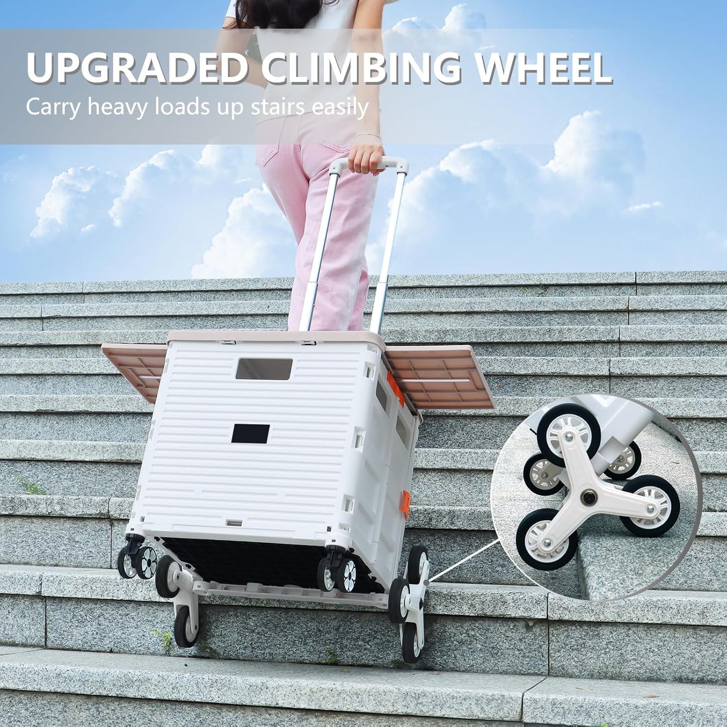 Foldable Utility Cart Folding Portable Rolling Crate Handcart Shopping Trolley Wheel Box with Lid Wear-Resistant Noiseless 360°Rotate Wheel for Travel Shopping Moving Storage Office Use (Yellow)
