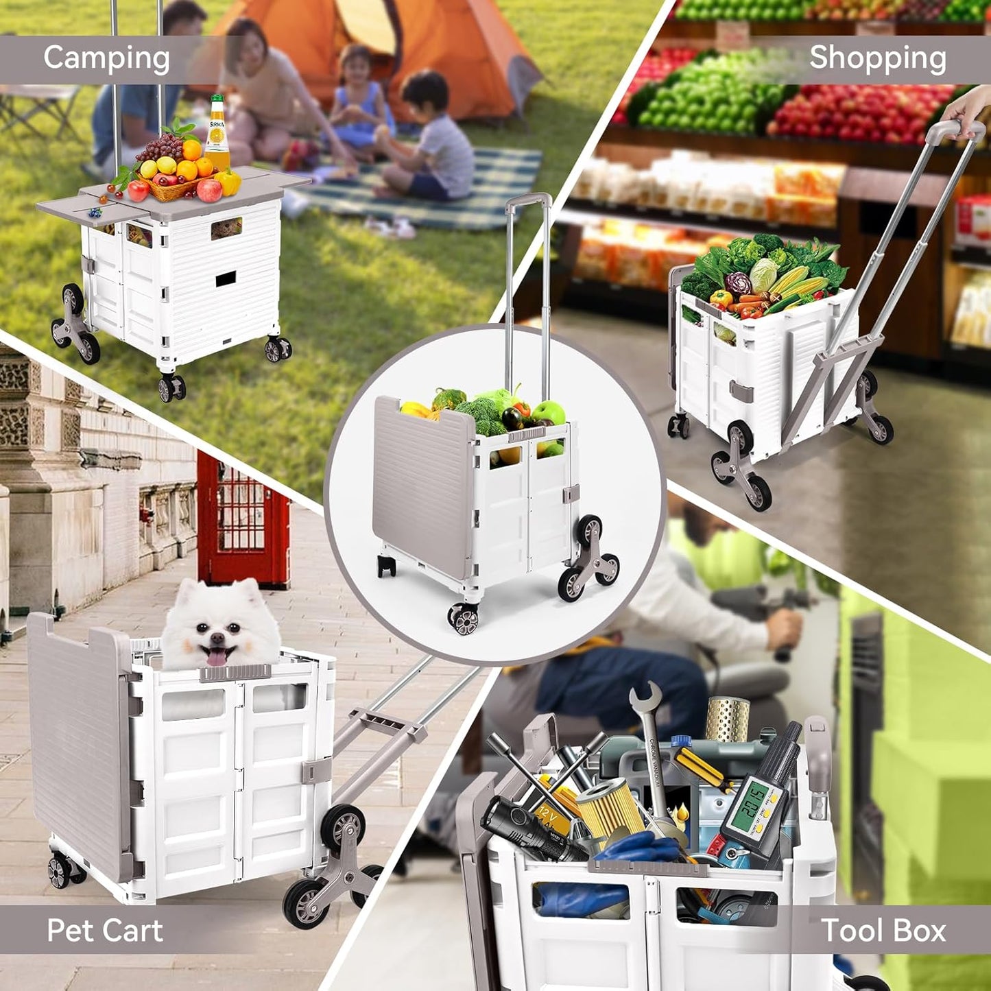 Foldable Utility Cart Folding Portable Rolling Crate Handcart Shopping Trolley Wheel Box with Lid Wear-Resistant Noiseless 360°Rotate Wheel for Travel Shopping Moving Storage Office Use (Yellow)