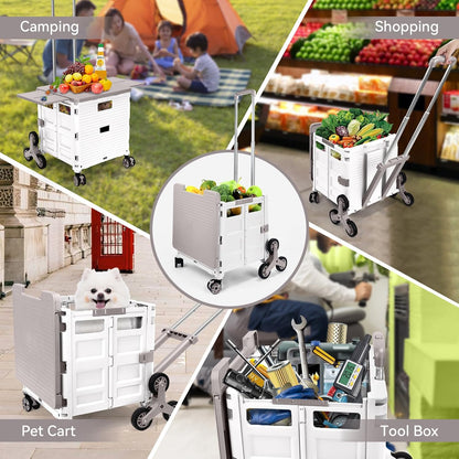 Foldable Utility Cart Folding Portable Rolling Crate Handcart Shopping Trolley Wheel Box with Lid Wear-Resistant Noiseless 360°Rotate Wheel for Travel Shopping Moving Storage Office Use (Yellow)