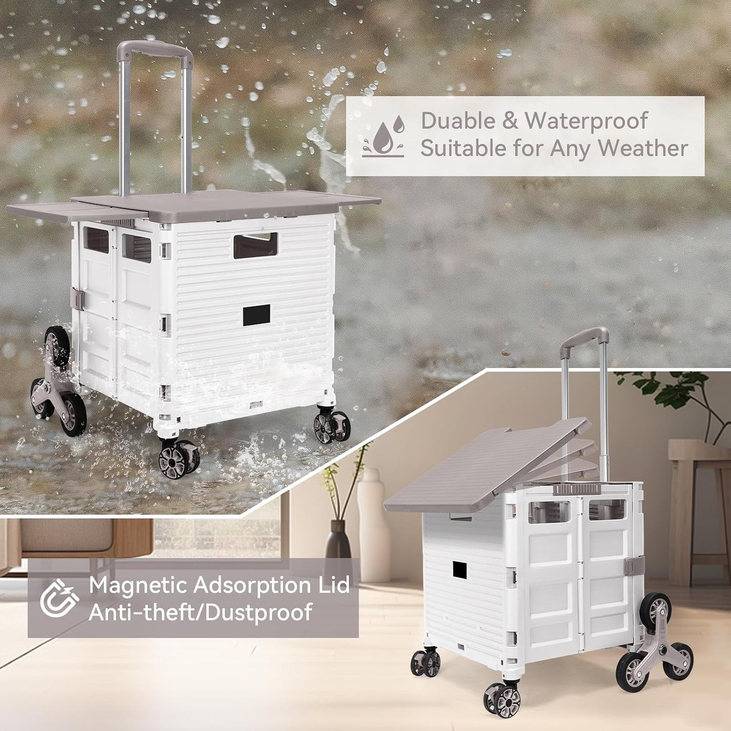 Foldable Utility Cart Folding Portable Rolling Crate Handcart Shopping Trolley Wheel Box with Lid Wear-Resistant Noiseless 360°Rotate Wheel for Travel Shopping Moving Storage Office Use (Yellow)