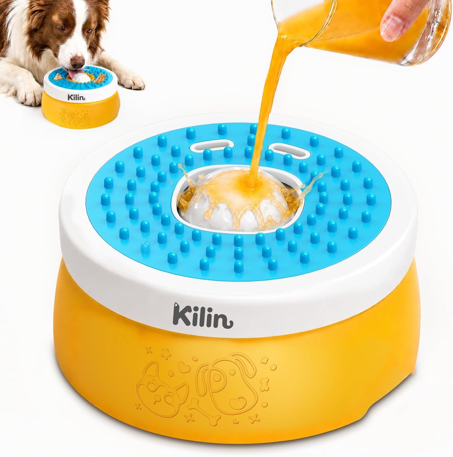 KILIN Slow Feeder Dog Licking Bowl with Rolling Ball,4 Non-Slip Pads,8fl oz | Dog Enrichment Toys for Dogs with Bone Broth, Yogurt and Wet Puppy Treat, Interactive Lick Ball for Dogs with Anxiety