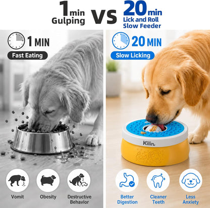 KILIN Slow Feeder Dog Licking Bowl with Rolling Ball,4 Non-Slip Pads,8fl oz | Dog Enrichment Toys for Dogs with Bone Broth, Yogurt and Wet Puppy Treat, Interactive Lick Ball for Dogs with Anxiety