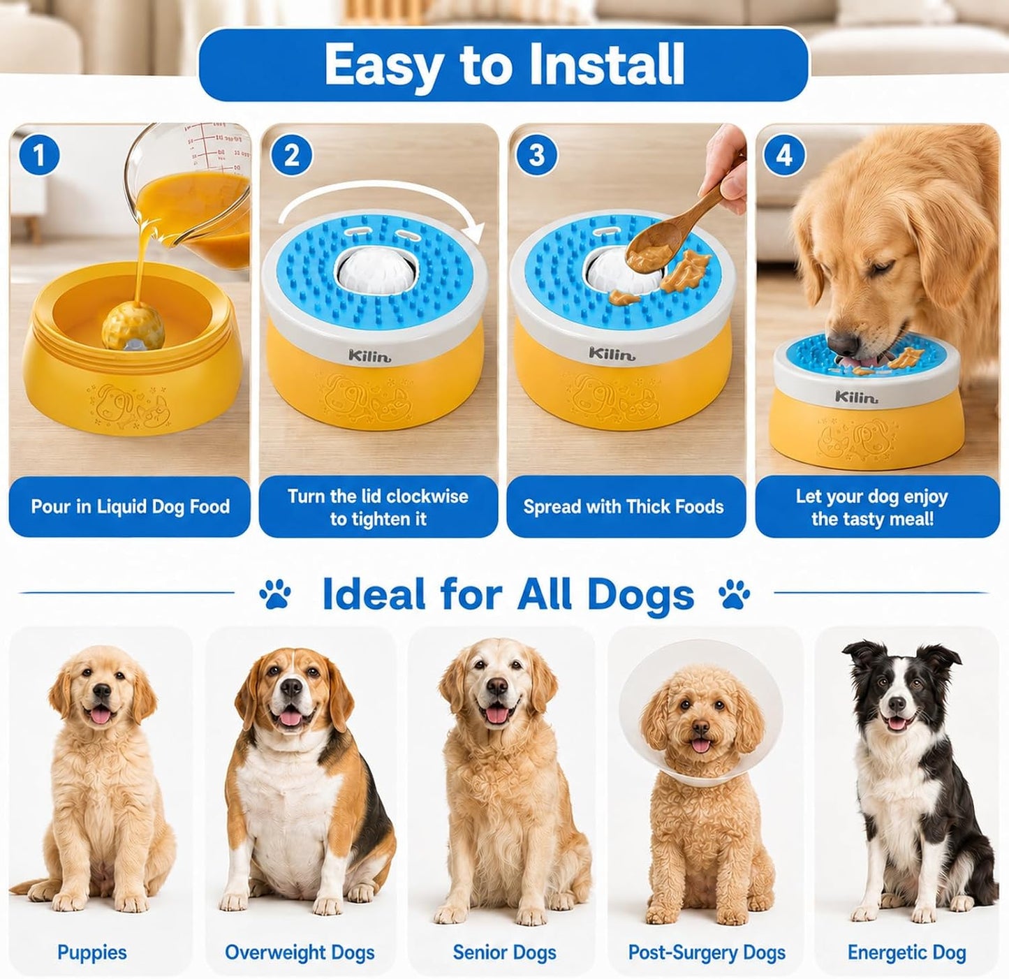 KILIN Slow Feeder Dog Licking Bowl with Rolling Ball,4 Non-Slip Pads,8fl oz | Dog Enrichment Toys for Dogs with Bone Broth, Yogurt and Wet Puppy Treat, Interactive Lick Ball for Dogs with Anxiety