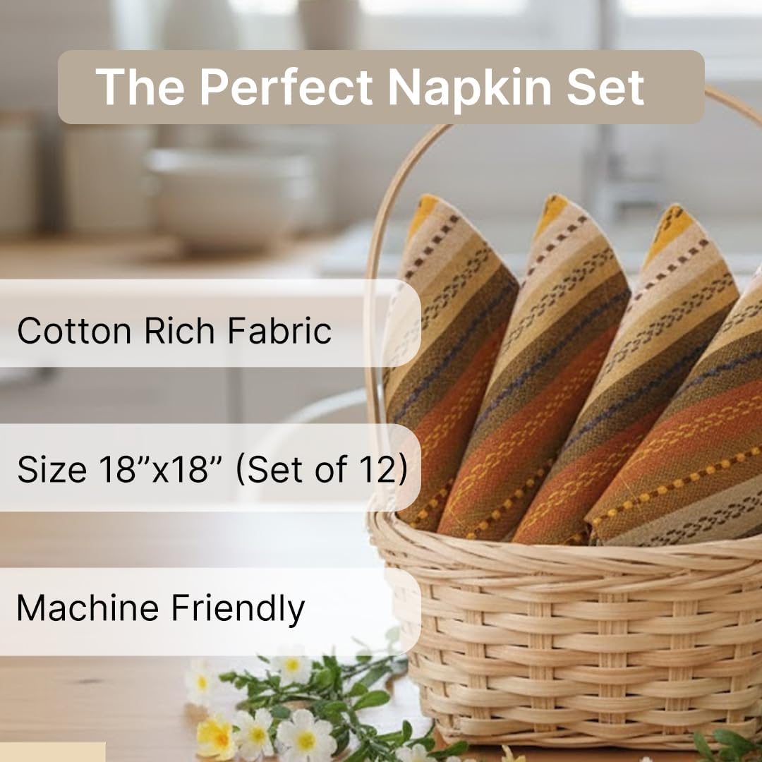 LFH Home Cotton Rich Cloth Salsa Napkin Set of 6 Washable Soft Durable Striped Table Napkins for Dining Wedding Daily Use Reusable Eco-Friendly Napkins for Elegant Table Settings(18x18)-Golden Yellow