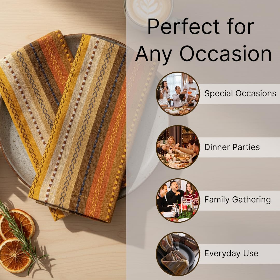 LFH Home Cotton Rich Cloth Salsa Napkin Set of 6 Washable Soft Durable Striped Table Napkins for Dining Wedding Daily Use Reusable Eco-Friendly Napkins for Elegant Table Settings(18x18)-Golden Yellow