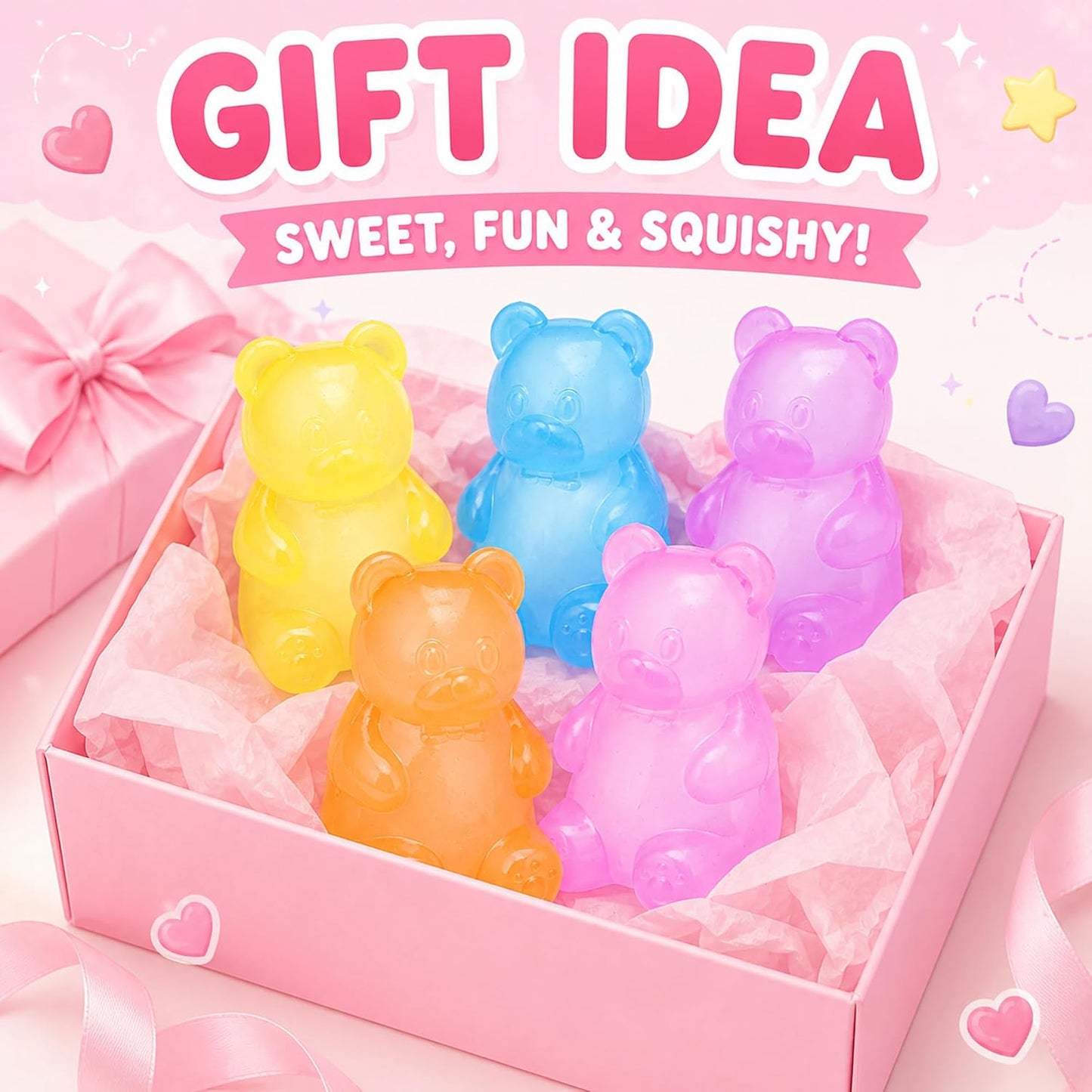 4pcs Cute Bear Squishy Toys, Stress Relief Squeeze Toys, Soft Squishies Fidget Toys, Anxiety Relief Sensory Toys for Kids Adults, Party Favors Birthday Gifts Classroom Prizes