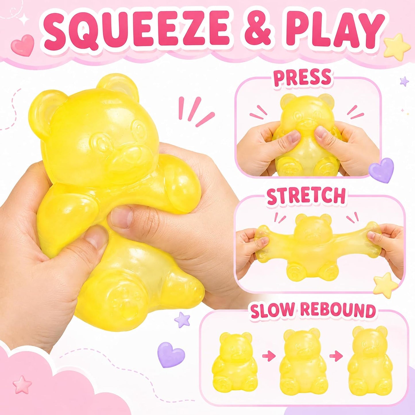 4pcs Cute Bear Squishy Toys, Stress Relief Squeeze Toys, Soft Squishies Fidget Toys, Anxiety Relief Sensory Toys for Kids Adults, Party Favors Birthday Gifts Classroom Prizes