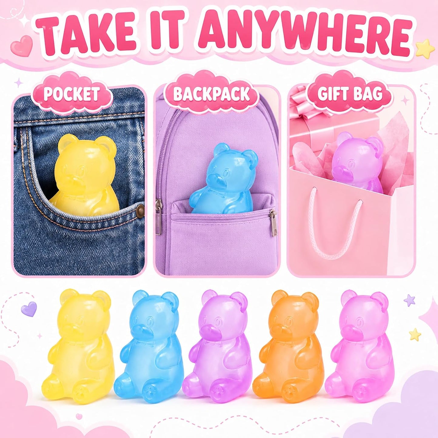 4pcs Cute Bear Squishy Toys, Stress Relief Squeeze Toys, Soft Squishies Fidget Toys, Anxiety Relief Sensory Toys for Kids Adults, Party Favors Birthday Gifts Classroom Prizes