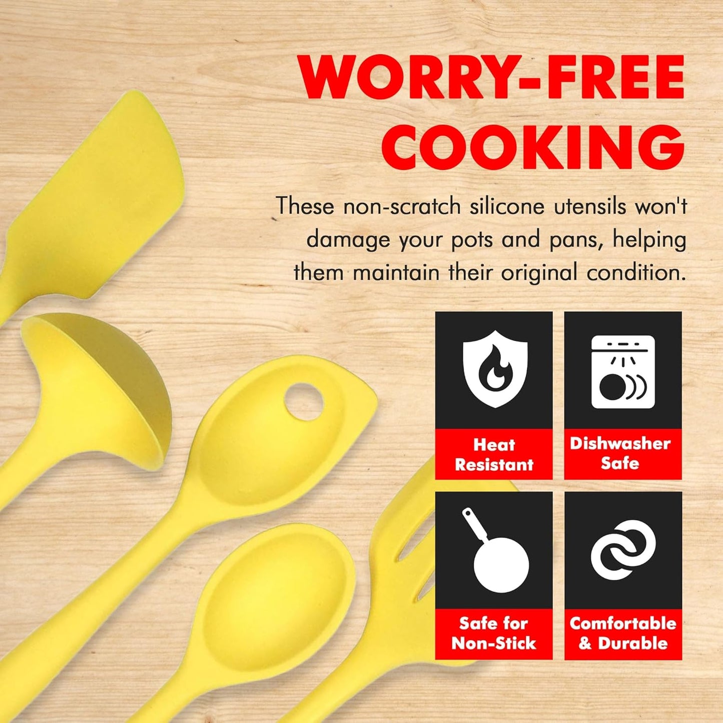 Premium Silicone Kitchen Tool and Utensil Set, 5 Piece, Yellow