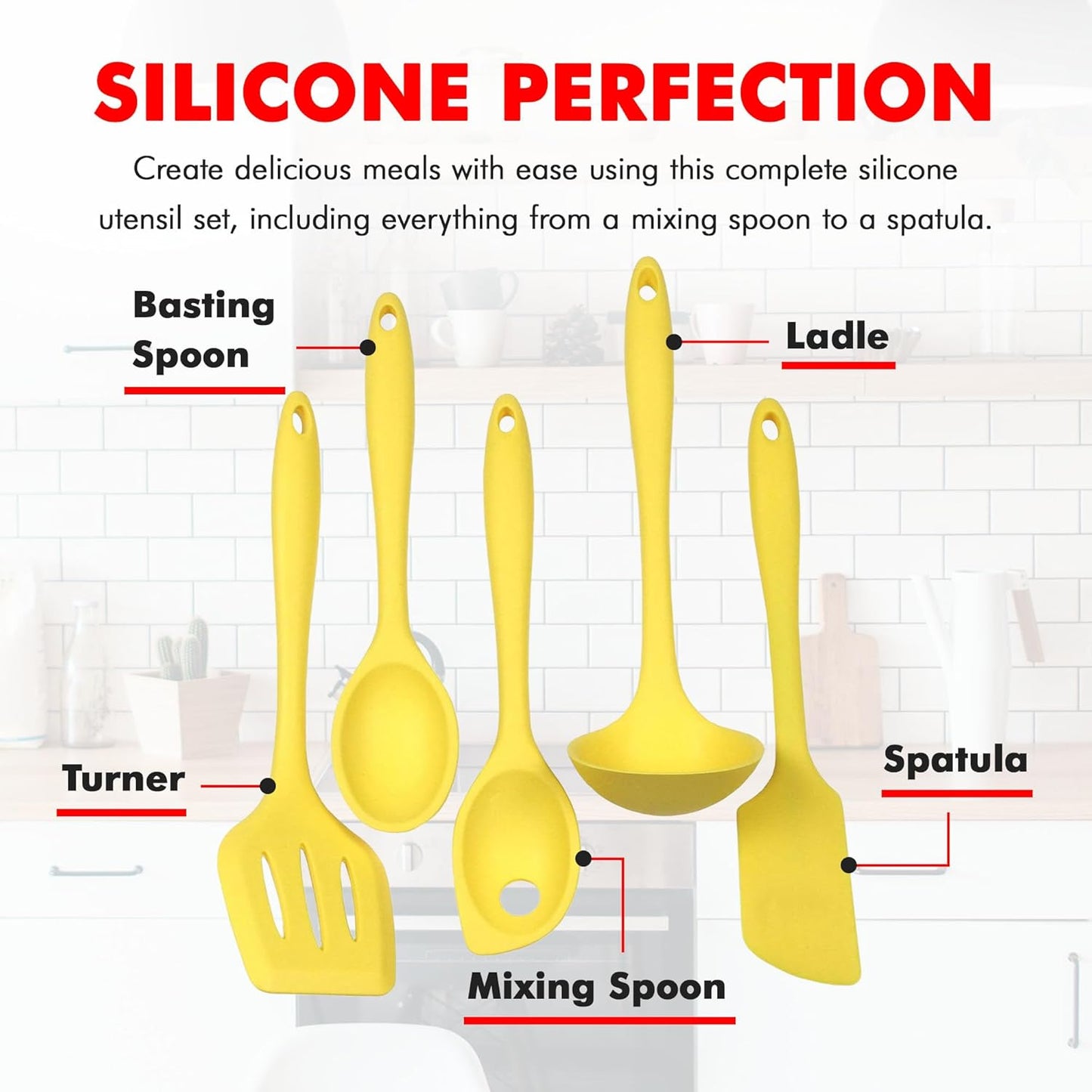 Premium Silicone Kitchen Tool and Utensil Set, 5 Piece, Yellow