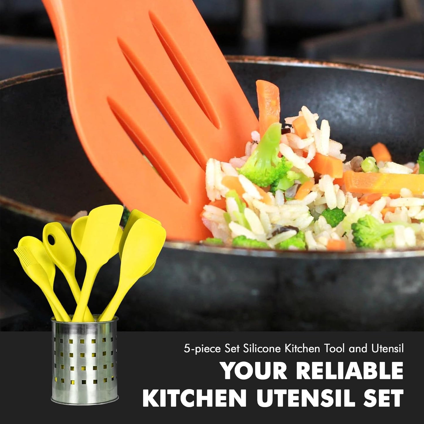 Premium Silicone Kitchen Tool and Utensil Set, 5 Piece, Yellow