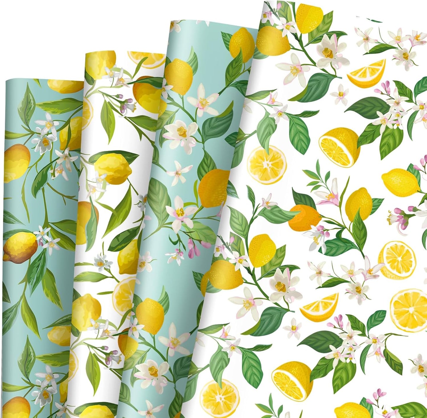 12 Sheets Lemon Wrapping Paper - Not Roll - Watercolor Summer Flowers Gift Wrap Paper Bulk Folded Flat Art Papers for Summer Birthday DIY Crafts, 19.7 x 27.6 Inch