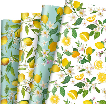 12 Sheets Lemon Wrapping Paper - Not Roll - Watercolor Summer Flowers Gift Wrap Paper Bulk Folded Flat Art Papers for Summer Birthday DIY Crafts, 19.7 x 27.6 Inch