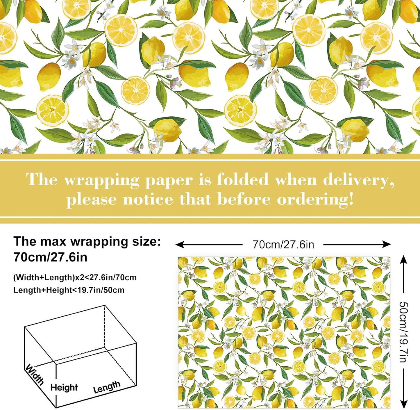12 Sheets Lemon Wrapping Paper - Not Roll - Watercolor Summer Flowers Gift Wrap Paper Bulk Folded Flat Art Papers for Summer Birthday DIY Crafts, 19.7 x 27.6 Inch
