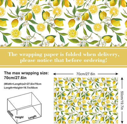 12 Sheets Lemon Wrapping Paper - Not Roll - Watercolor Summer Flowers Gift Wrap Paper Bulk Folded Flat Art Papers for Summer Birthday DIY Crafts, 19.7 x 27.6 Inch