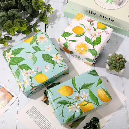 12 Sheets Lemon Wrapping Paper - Not Roll - Watercolor Summer Flowers Gift Wrap Paper Bulk Folded Flat Art Papers for Summer Birthday DIY Crafts, 19.7 x 27.6 Inch