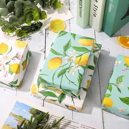12 Sheets Lemon Wrapping Paper - Not Roll - Watercolor Summer Flowers Gift Wrap Paper Bulk Folded Flat Art Papers for Summer Birthday DIY Crafts, 19.7 x 27.6 Inch