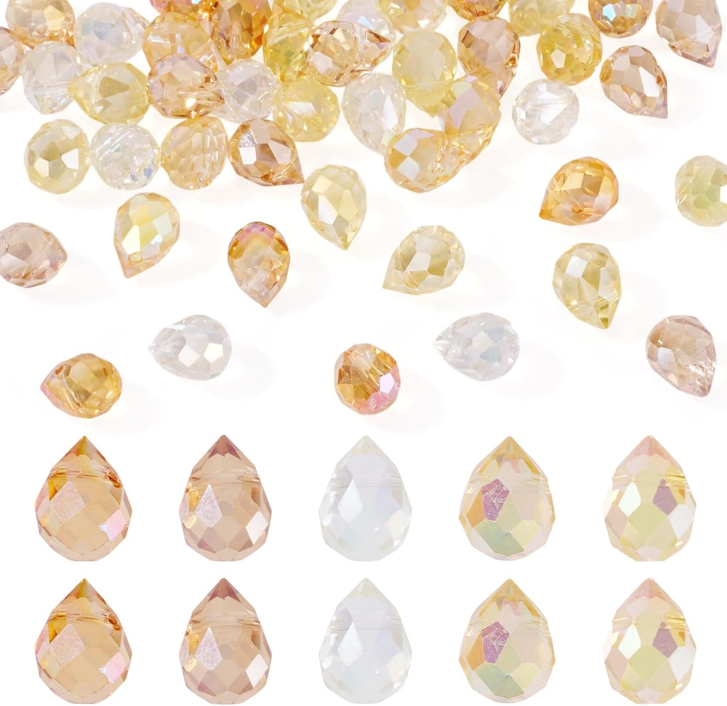 50Pcs Orange Yellow Faceted Teardrop Crystal Beads for Jewelry Making, Electroplate Top Drilled Loose Spacer Beads, Teardrops Chandeliers Pendants for DIY Crafts Earring Necklace Making