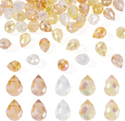50Pcs Orange Yellow Faceted Teardrop Crystal Beads for Jewelry Making, Electroplate Top Drilled Loose Spacer Beads, Teardrops Chandeliers Pendants for DIY Crafts Earring Necklace Making