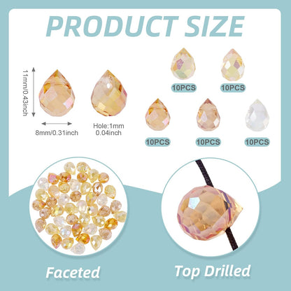 50Pcs Orange Yellow Faceted Teardrop Crystal Beads for Jewelry Making, Electroplate Top Drilled Loose Spacer Beads, Teardrops Chandeliers Pendants for DIY Crafts Earring Necklace Making