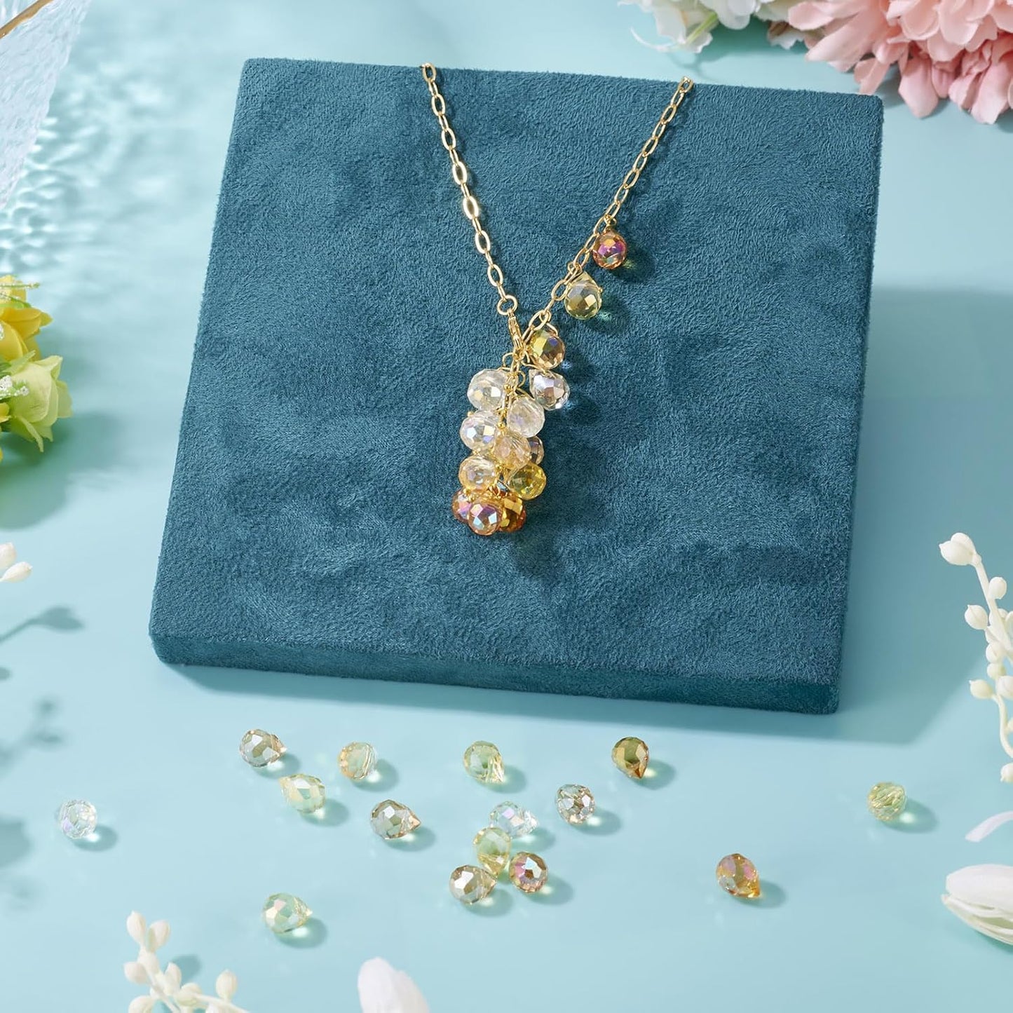 50Pcs Orange Yellow Faceted Teardrop Crystal Beads for Jewelry Making, Electroplate Top Drilled Loose Spacer Beads, Teardrops Chandeliers Pendants for DIY Crafts Earring Necklace Making