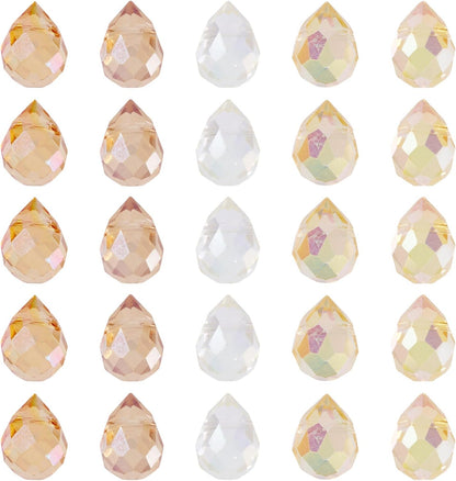 50Pcs Orange Yellow Faceted Teardrop Crystal Beads for Jewelry Making, Electroplate Top Drilled Loose Spacer Beads, Teardrops Chandeliers Pendants for DIY Crafts Earring Necklace Making