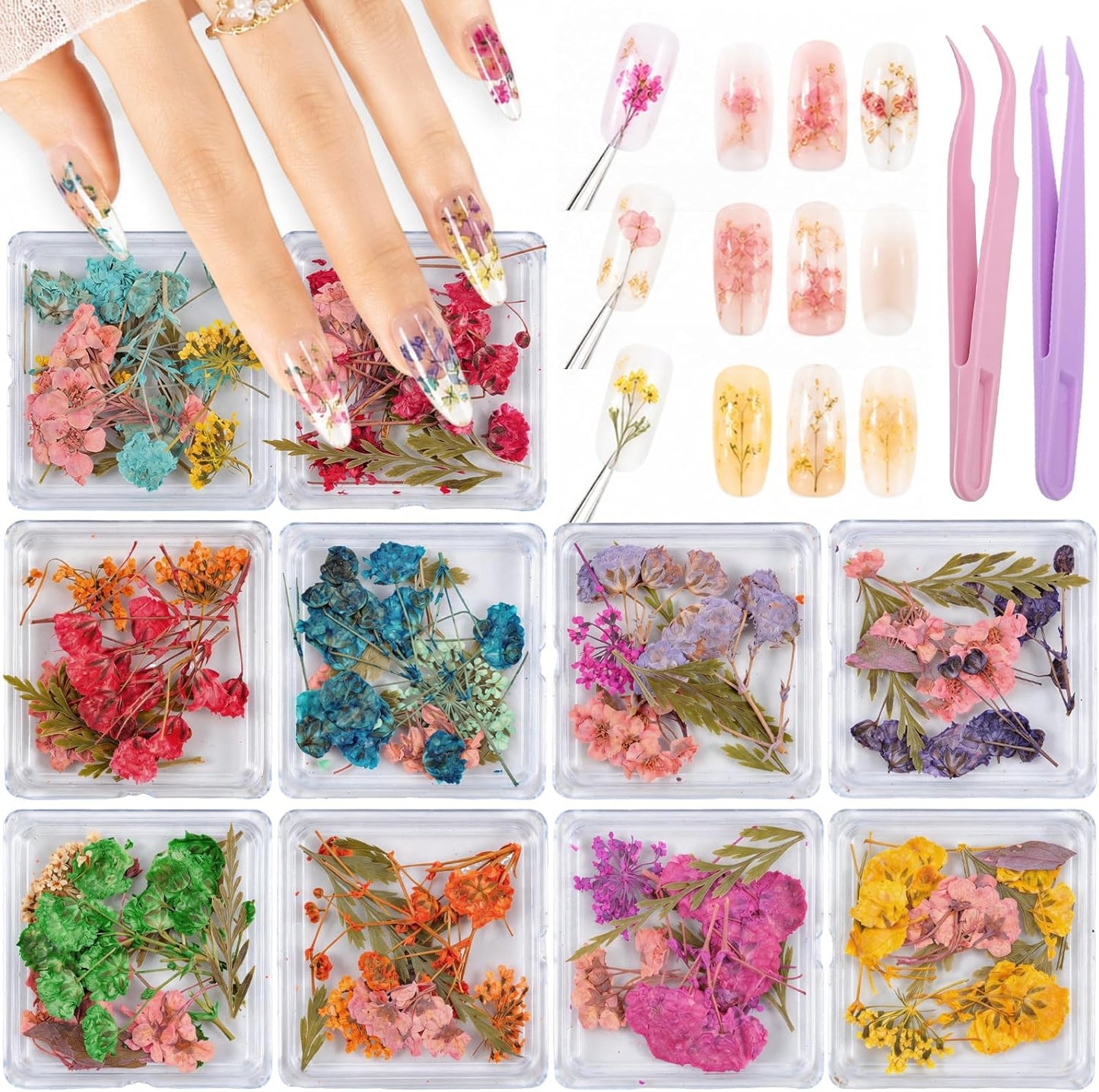 10 Boxes Dried Nail Flowers, Natural Pressed Flowers for Nail Art Tiny Dried Flowers for Resin Crafts Mini Dry Flower Manicure Decorations for Spring & Floral Nails Art Designs