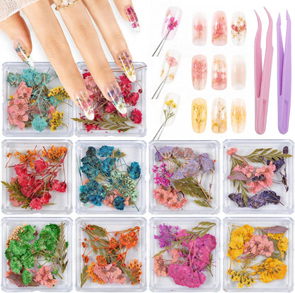 10 Boxes Dried Nail Flowers, Natural Pressed Flowers for Nail Art Tiny Dried Flowers for Resin Crafts Mini Dry Flower Manicure Decorations for Spring & Floral Nails Art Designs