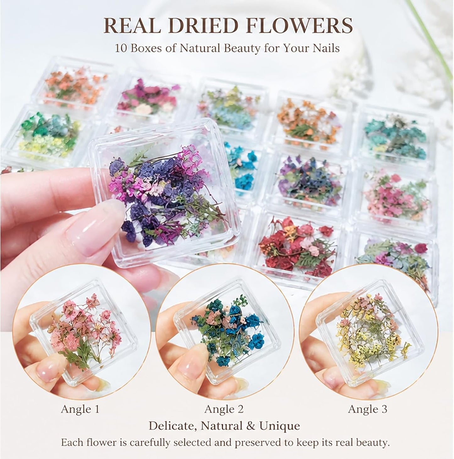 10 Boxes Dried Nail Flowers, Natural Pressed Flowers for Nail Art Tiny Dried Flowers for Resin Crafts Mini Dry Flower Manicure Decorations for Spring & Floral Nails Art Designs
