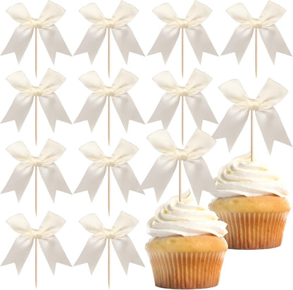 24 PCS Bow Cupcake Toppers Bow Cupcake Picks Bowknot Birthday Party Decorations Bowknot Cake Dessert Picks for Baby Shower Birthday Wedding Bridal Engagement Party Cake Decorations Supplies Yellow