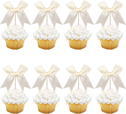 24 PCS Bow Cupcake Toppers Bow Cupcake Picks Bowknot Birthday Party Decorations Bowknot Cake Dessert Picks for Baby Shower Birthday Wedding Bridal Engagement Party Cake Decorations Supplies Yellow