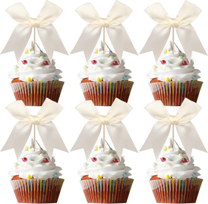 24 PCS Bow Cupcake Toppers Bow Cupcake Picks Bowknot Birthday Party Decorations Bowknot Cake Dessert Picks for Baby Shower Birthday Wedding Bridal Engagement Party Cake Decorations Supplies Yellow