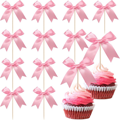 24 PCS Bow Cupcake Toppers Bow Cupcake Picks Bowknot Birthday Party Decorations Bowknot Cake Dessert Picks for Baby Shower Birthday Wedding Bridal Engagement Party Cake Decorations Supplies Yellow