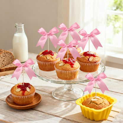 24 PCS Bow Cupcake Toppers Bow Cupcake Picks Bowknot Birthday Party Decorations Bowknot Cake Dessert Picks for Baby Shower Birthday Wedding Bridal Engagement Party Cake Decorations Supplies Yellow