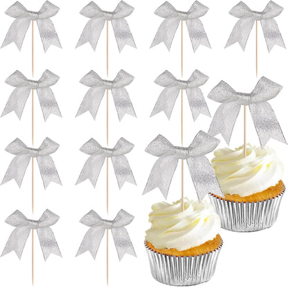 24 PCS Bow Cupcake Toppers Bow Cupcake Picks Bowknot Birthday Party Decorations Bowknot Cake Dessert Picks for Baby Shower Birthday Wedding Bridal Engagement Party Cake Decorations Supplies Yellow