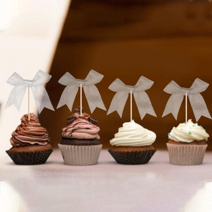 24 PCS Bow Cupcake Toppers Bow Cupcake Picks Bowknot Birthday Party Decorations Bowknot Cake Dessert Picks for Baby Shower Birthday Wedding Bridal Engagement Party Cake Decorations Supplies Yellow