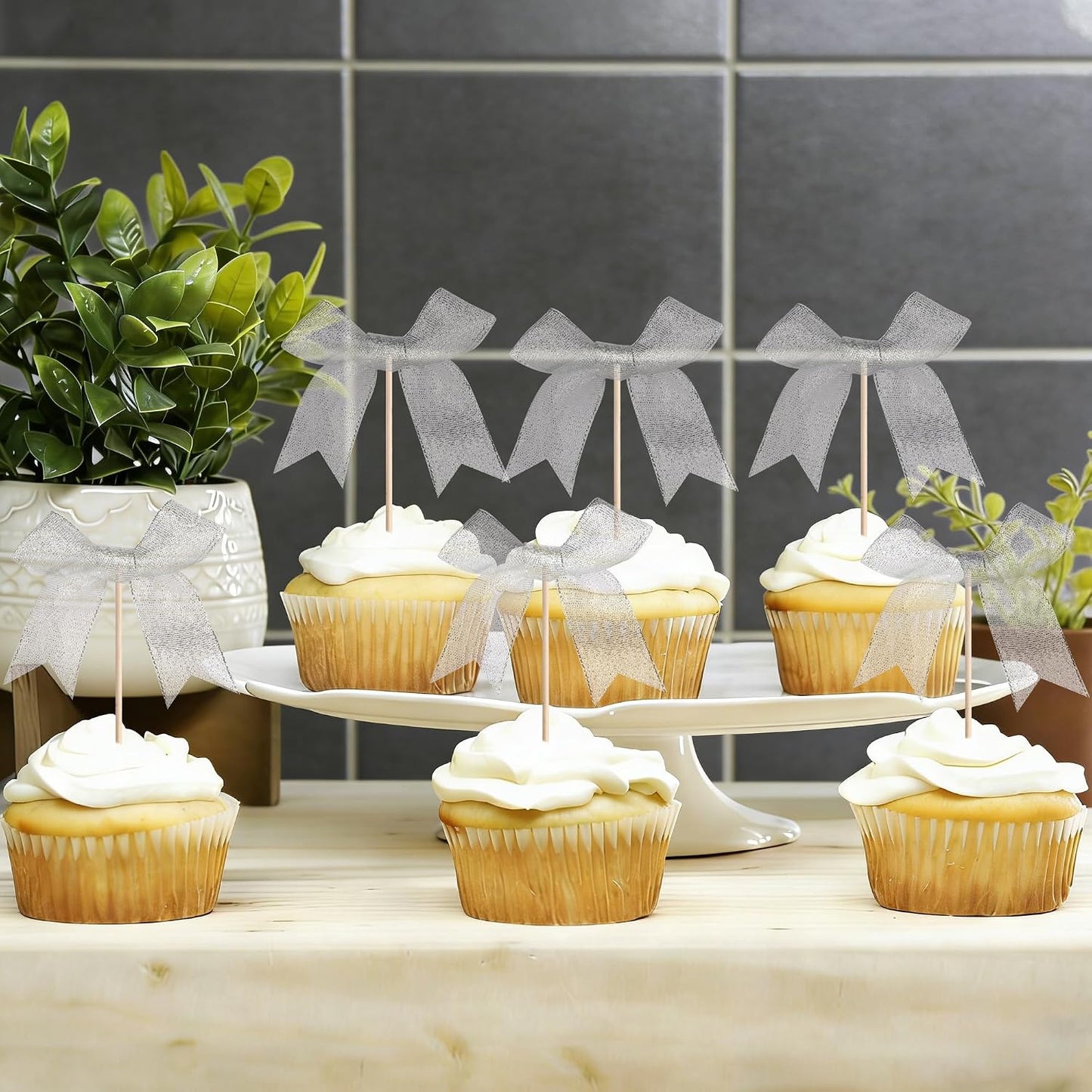 24 PCS Bow Cupcake Toppers Bow Cupcake Picks Bowknot Birthday Party Decorations Bowknot Cake Dessert Picks for Baby Shower Birthday Wedding Bridal Engagement Party Cake Decorations Supplies Yellow